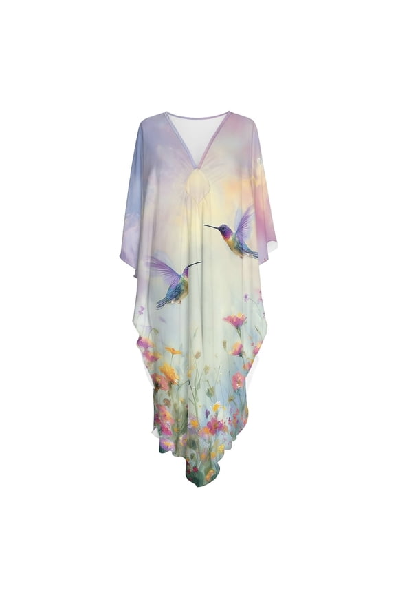 Swimsuit Cover Up Plus Size Moroccan Kaftan Dress Kaftan Maxi Dress, High Slit Flowy Kaftan Maxi Dress, Hummingbird Floral Design