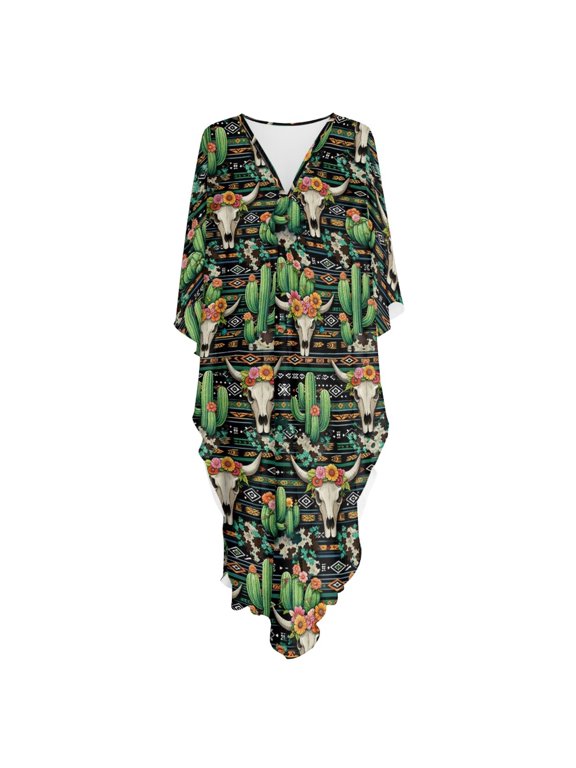 Swimsuit Cover Up for Women Western Cattle Skull Cactus Plus Size Side Slit Maxi Length Dress Mumu Dress for Resort & Travel