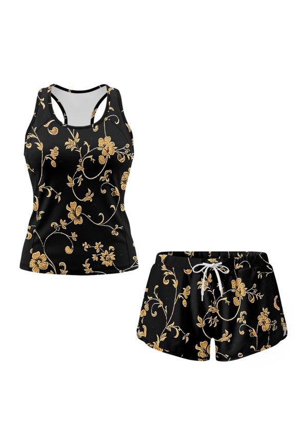 Tankini Set, Gold Floral Vine Print with Side Pockets Tummy Control Women's Summer Swim Tank Top Pocketed Shorts Set for Fitness with Soft Two Side Pockets, Size Medium