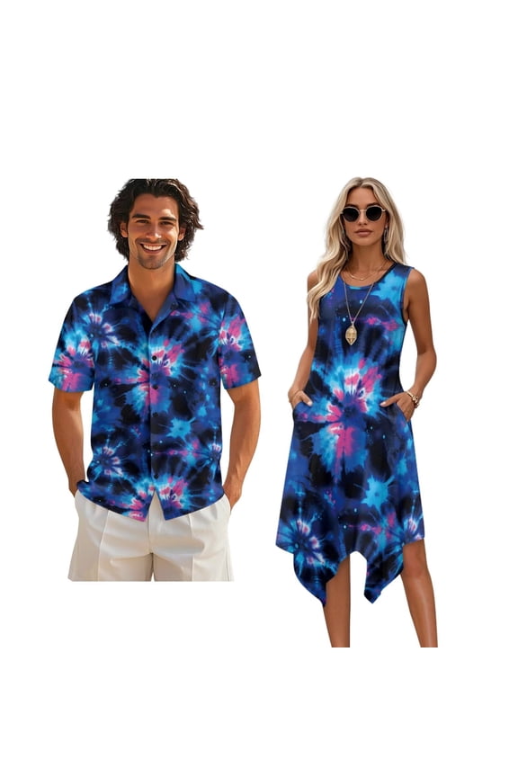 Tie Dye Print Matchable Couple Hawaiian Luau Men Shirt or Women's Summer Beach Long Dress Sleeveless, 2026 Holiday Party Tank Dress Couple Travel Outfit for Hawaii Cruise, Size 5XL