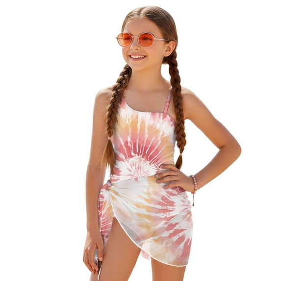 Whosucclay Tie Dye Sunburst Girls One Piece Swimsuit with Mesh Cover Up, Adjustable Strap Girls' One Piece Swimwear for Teen Girls, Cute, 17-18 Years Old