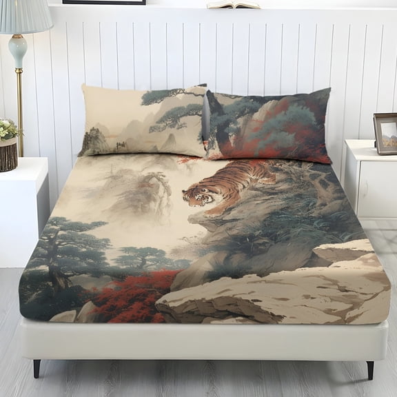 Whosucclay Tiger Landscape Print Practical 3 Piece Fitted Set with Bedroom for Women Teens, Anti-Slip Durable Comfort Wrinkle Resistant Fitted Sheets, Twin Size