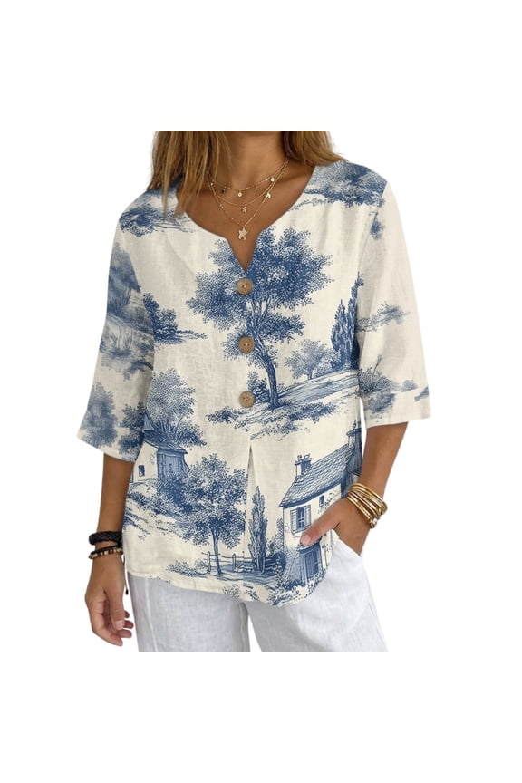 Toile Landscape Print Imitation Linen-Like Blouse, Button Front Non Elastic Imitation Linen-Like V-Neck Blouse Breathable Women's Blouse for Travel Spring, Size Small