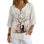 Whosucclay Trendy Women's Imitation Linen-Like Blouse Top for Vacation Spring, Cat Tree Floral Loose Fit Button Down Women's Linen-Like Look Shirt 3 Decorative Buttons, Size Large