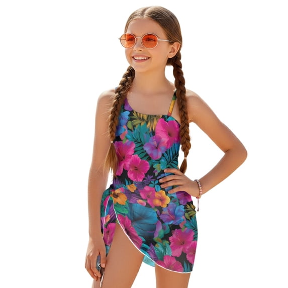 Whosucclay Tropical Flowers Black Girls' One Piece Swimsuit with Cover Up, Polyester Material Removable Bra Adjustable Strap Girl's One Piece Swimsuits for Vacation, 9-10 Years Old