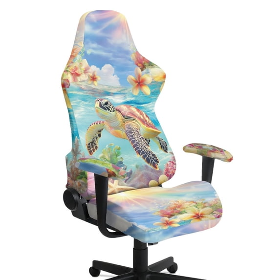 Whosucclay Turtle Starfish Plumeria Coral Print Office Computer Game Chair Slipcovers Machine Washable Non-Slip Computer Chair Seat Slipcovers with Armrest Covers Gamer Chairs Protector