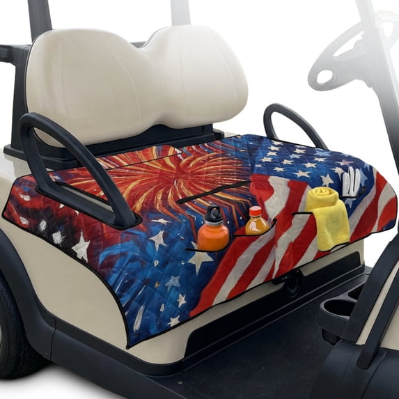 Whosucclay USA Flag Firework Pattern Golf Cart Accessories, 4 Pockets Golf Cart Seat Towel for Club Cars EZGO Yamaha, Travel-friendly 51.18 x 30.3 inches