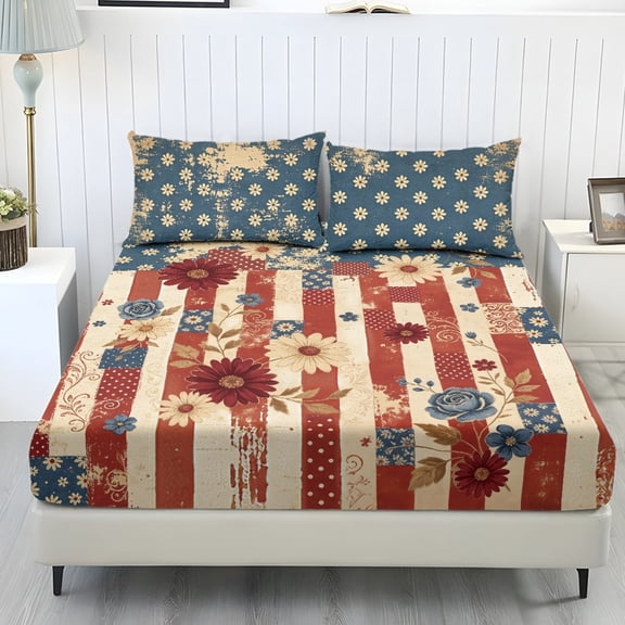 Whosucclay USA Flag Floral Vintage Print Three Piece Fitted Sheet Set for Boys Girls, Durable Smooth Fitted Bedding Set for Bedroom, Twin Size