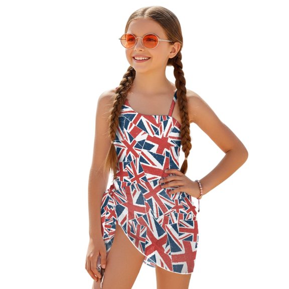Whosucclay Union Jack Pattern Girls Swimsuit for Beach Summer, Adjustable Strap Quick Dry Girls Swimwear One Piece, 9-10 Years Old