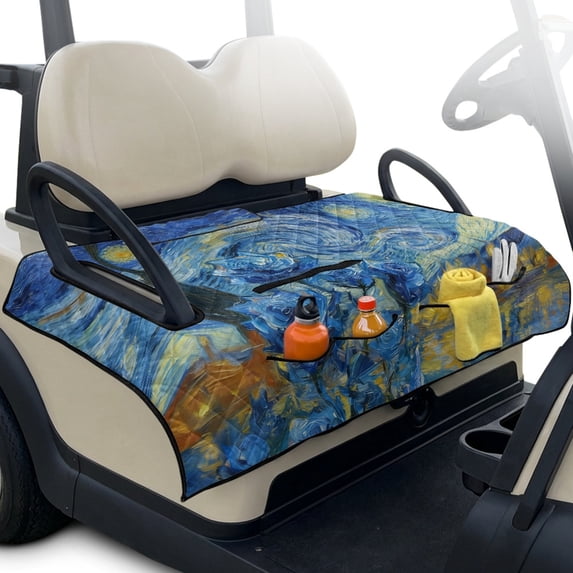 Whosucclay Van Gogh Style Swirls Carts Cushion Towel Blanket, Portable 4 Convenient Pockets Seat Cover Cushion Protector for Club Car EZGO 2 Passenger Seat Golf Cart