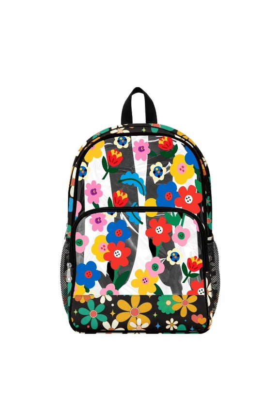 Vibrant Floral and Heart Confetti Clear Backpack with Large Capacity Wide Shoulder Straps Clear Bag, Transparent 17 Inch Shoulder Bag for Stadium School