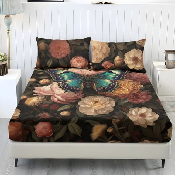 Whosucclay Vintage Butterfly Floral High Elasticity Fitted Sheet Trio with Bedrooms for Men Women, High Stretch Anti-Slip Durable Bedding, Twin Size