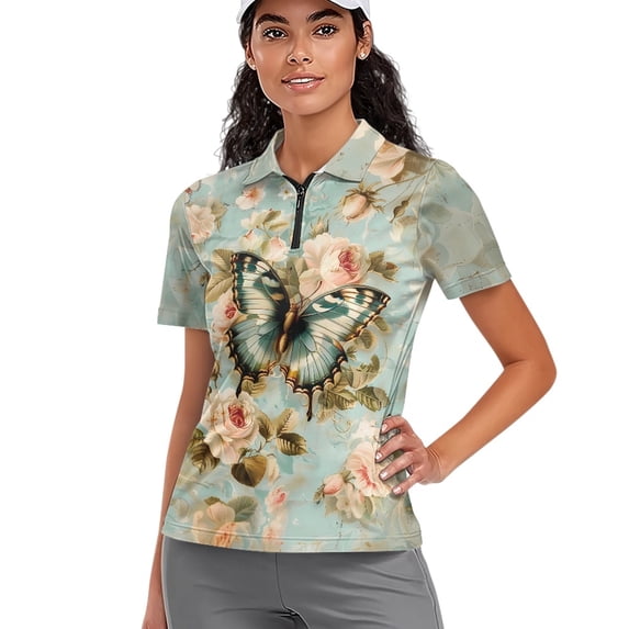 Whosucclay Vintage Butterfly Rose Pattern Golf Shirt for Tennis Fishing, Lightweight Polyester Golf Polo Tops Soft Quick Dry Polo Shirts Size X-Small