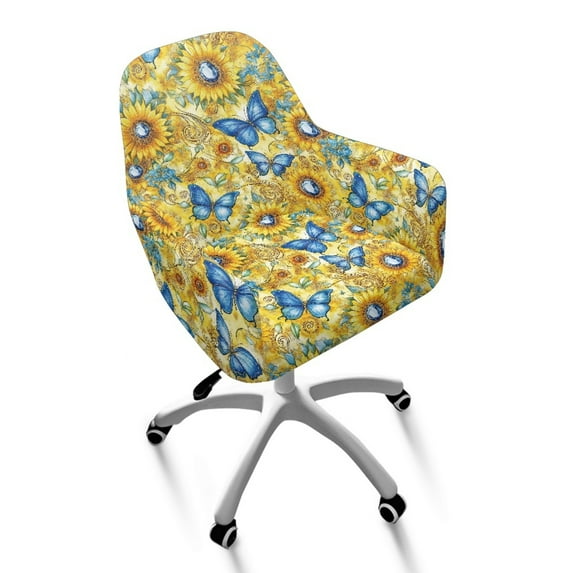 Whosucclay Vintage Sunflower Butterfly Print Curved Back Chair Cover, Soft Stretch Curved Back Chair Slipcover, Nonslip Removable Washable Bar Stools Covers for Office Living Room Vanity Bedroom