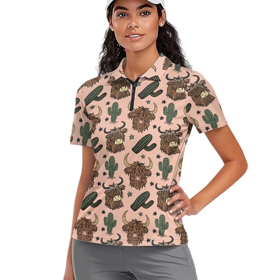Whosucclay Western Highland Cow & Cactus Pattern Golf Polo Tops for Outdoor Sports Travel, Soft Polyester Tennis Shirts Quick Dry Breathable Golf Shirt Size XX-Large