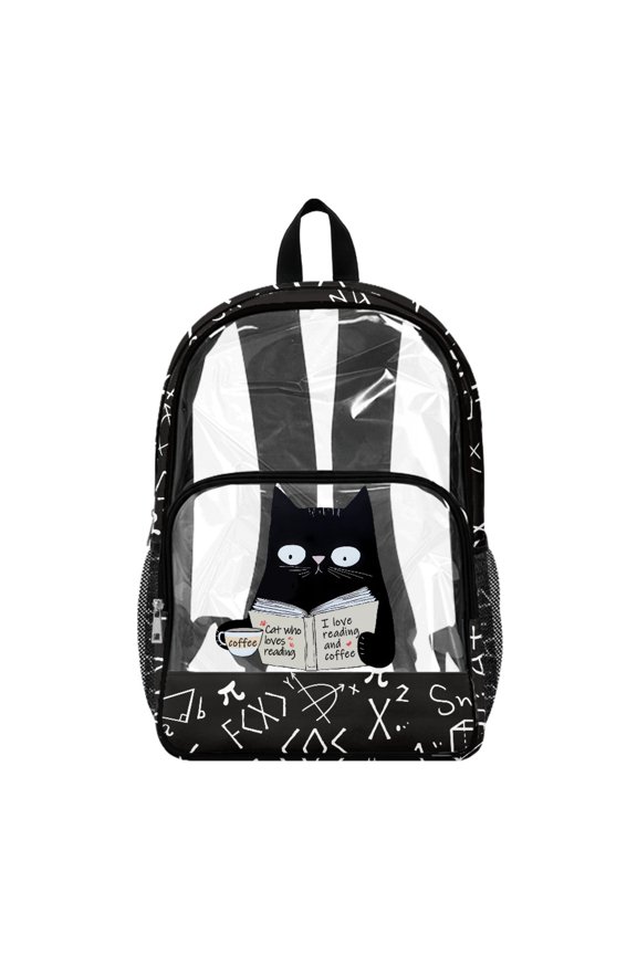 White Math Symbols Black Cat Transparent Backpack Wide Shoulder Straps Adjustable Straps Clear Backpack with Multi-Pocket PVC, Elementary Bookbag for Girls