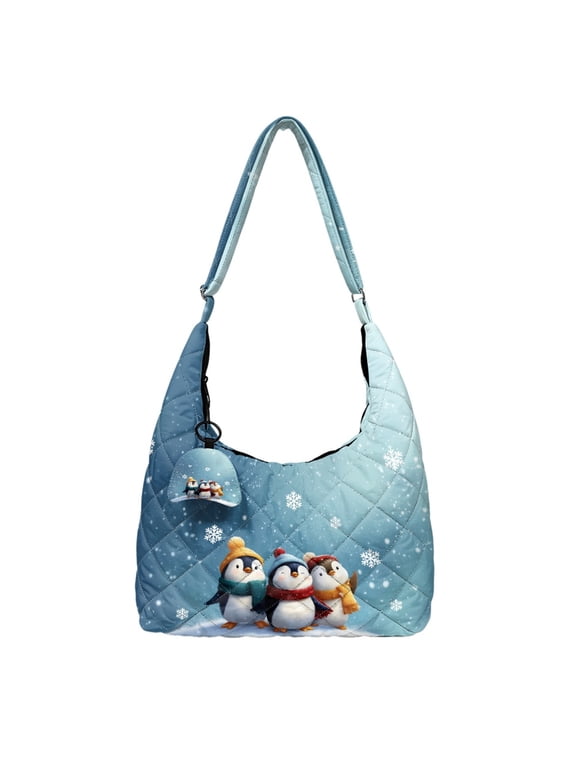 Winter Penguin Quilted Hobo Bag for Women, Durable Polyester Lightweight Shoulder Purse with Adjustable Strap and Zipper Pocket for Work, Travel, Daily Use