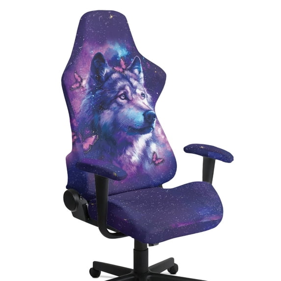 Whosucclay Wolf Galaxy Butterfly Print Gaming Chair Cover, Office Chair Cover with Zipper, Stretch Anti-dust Universal, Removable High Back Computer Seat Protector for Pets