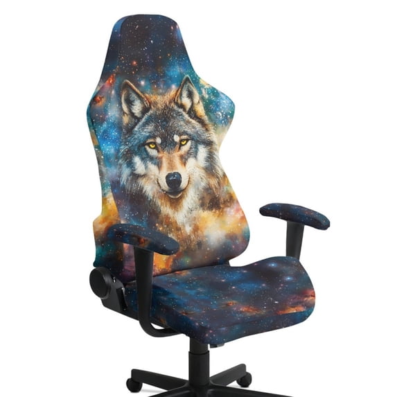 Whosucclay Wolf Galaxy Print Gaming Chair Slipcover Stretch Gaming Chair Seat Cover with Zipper Gamer Chairs Protector Fits Most Office/PC Chairs & Racing Style Seats