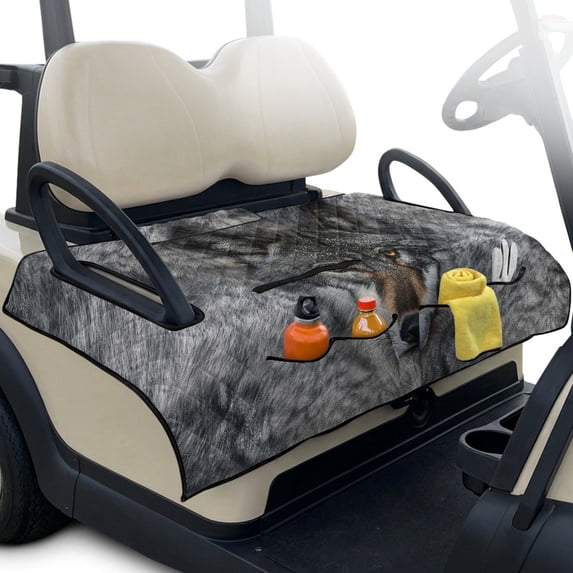Whosucclay Wolf Golf Cart Seat Blanket 4 Convenient Pockets Golf Cart Seat Towel, Non-Slip Golf Cart Seat Cover for Club Car 2 Passenger Seat Golf Cart EZGO