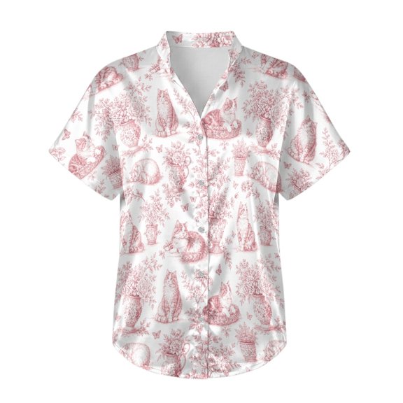 Whosucclay Women's Satin Tee, Button Down Blouse Plus Size Soft Formal Oversized Tops Loose Fit Cat Toile Print Dress Shirt Elegant, Size Large