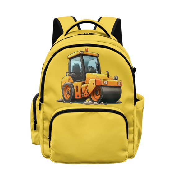 Whosucclay Yellow Road Roller Kids Backpack with Multi-Pockets Lightweight Adjustable Straps School Bag, Waterproof Large Capacity 17 Inch Daypack for Daily Use