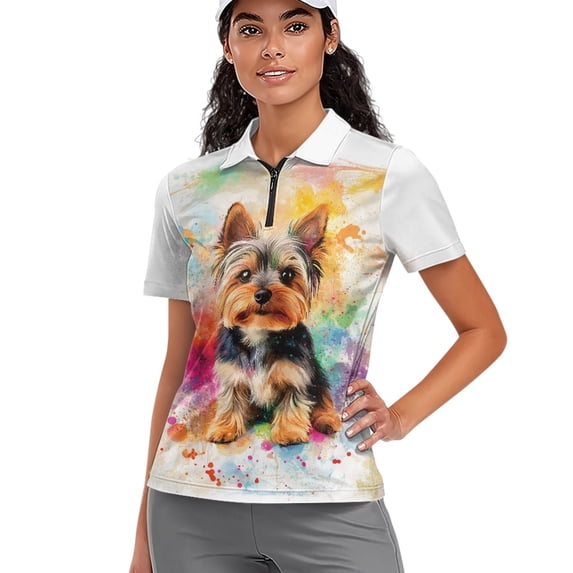 Whosucclay Yorkshire Terrier Lightweight Golf Short Sleeve Shirt for Outdoor Hiking Casual Outings, Anti Fade Polo Shirts Easy To Clean Polyester Tennis Short Sleeved Shirt Size Large