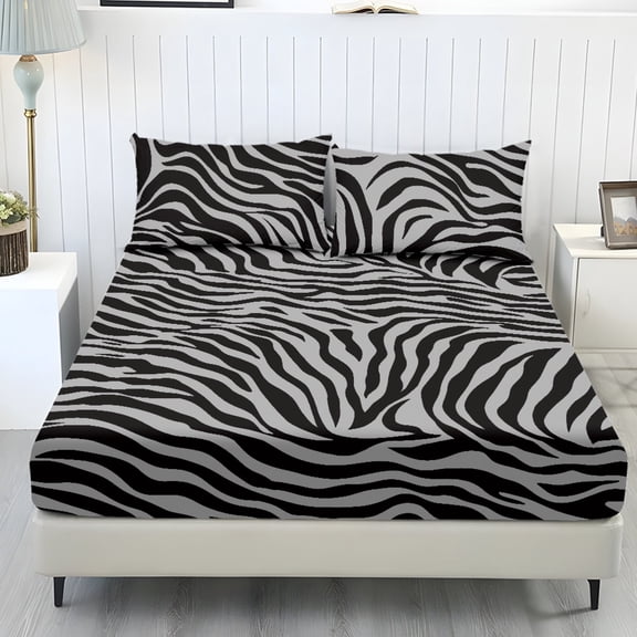 Whosucclay Zebra 3 Piece Fitted Bedding Set, Comfy Elastic Fitted Sheet Set with 1 Fitted Sheet + 2 Pillowcases, Full Elastic Design Bed Linen, Twin Size