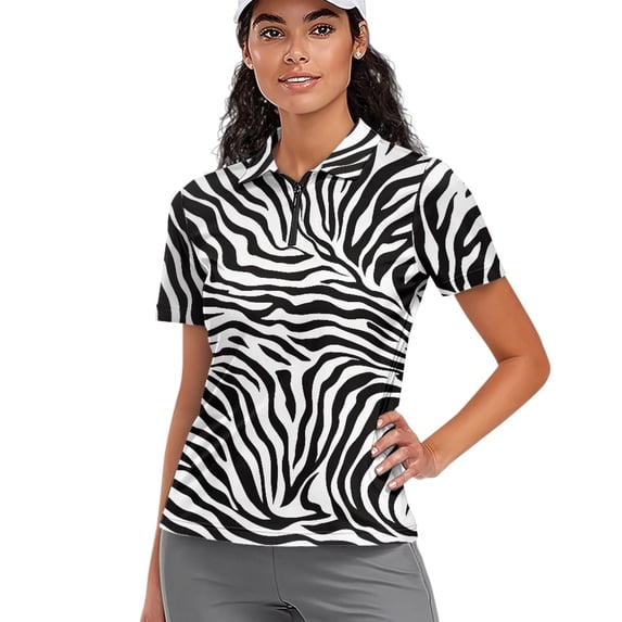Whosucclay Zebra Pattern Design Polo Shirts for Tennis Bowling, 1/4 Zip Polyester Tennis Short Sleeved Shirt Half Zip Stretch Golf Shirt Size X-Large