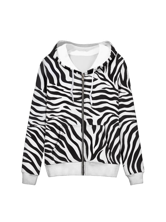 Zebra Stripe Print Full Zip Hoodie for Women Men, Relaxed Fit Casual Hooded Sweatshirt with Kangaroo Pocket, Soft Breathable for Daily Wear Outdoor Activities