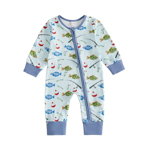 WhouRiu Baby Boys Casual Zip Up Bodysuit Fall Long Sleeve Fishing-Themed Graphic One-Pieces 0-18 Months