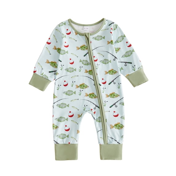 WhouRiu Baby Boys Casual Zip Up Bodysuit Fall Long Sleeve Fishing-Themed Graphic One-Pieces 0-18 Months
