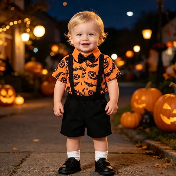 WhouRiu Baby Boys Halloween Graphic Outfits Short Sleeve Tennis Collar Romper Suspender Shorts Sets