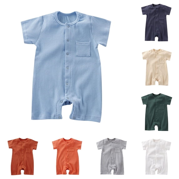 WhouRiu Baby Boys Solid Color Ribbed Rompers Short Sleeve Crew Neck Buttons Casual Bodysuit Kids Summer Comfortable Cute Crawling Clothing,6-12 Months