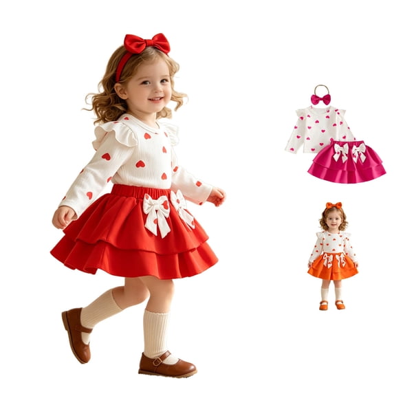 WhouRiu Baby Girls Casual Outfits Long Sleeve Ruffle Tees Bow Skirts And Headband Sets Cute Clothes