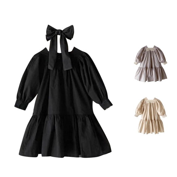 WhouRiu Baby Girls Long Sleeve Dress Solid Color Puffy Sleeve Ruffle Princess Dresses Kids Autumn Comfortable Cute Casual Wear,3-4 Years