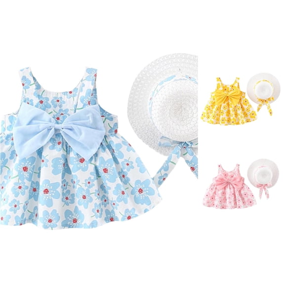 WhouRiu Baby Girls Summer Beach Dress Casual Sleeveless Floral Print Swing Dresses With Straw Hat Kids Comfortable Cute Sundress,3-4 Years
