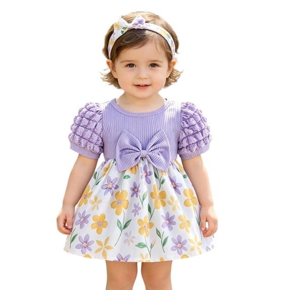 WhouRiu Baby Girls Summer Dress Puff Short Sleeve Crew Neck Floral Print Ribbed Dresses With Headband Kids Cute Everyday Sundress,18-24 Months