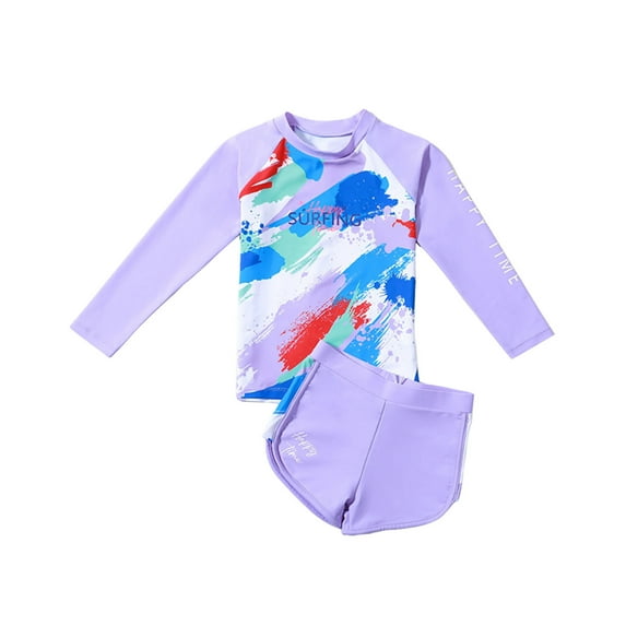 WhouRiu Bathing Suit for Little Girls Long Sleeve Graphic Tshirt Swim Trunks for Kids UPF 50+ Sun Pool Swimsuit Set Purple,Size 5-6 Y