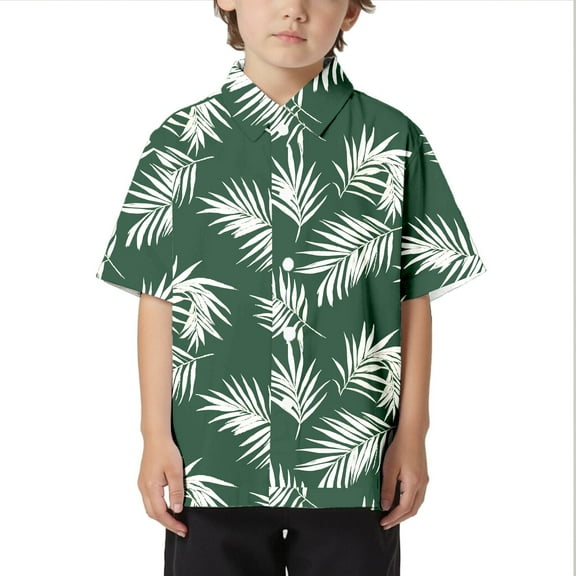 WhouRiu Big Boy Shirts Leaf Print Short Sleeve Button Open Shirt Kids Beach Loose Comfy Tops Green,Sizes 8-9