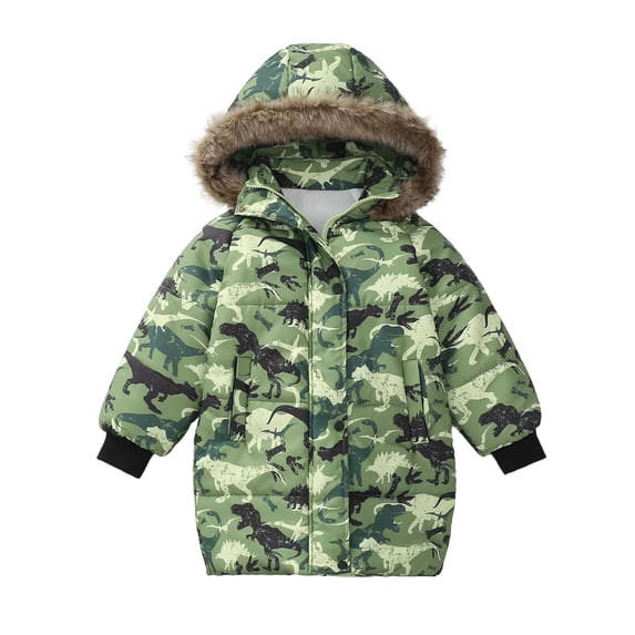 WhouRiu Big Boy Winter Coat Warm Dinosaur Print Hood Jacket Kids Heavyweight Puffer Windproof Coats Green,Sized 9-10