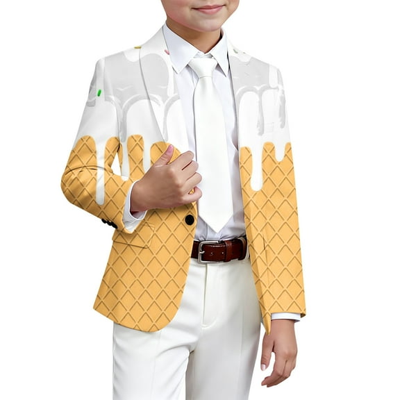 WhouRiu Big Boy's Jacket Ice Print Turndown Collar Button Up Jacket Child Formal Loose Outerwear Casual Party Suits White,Sized 9-10