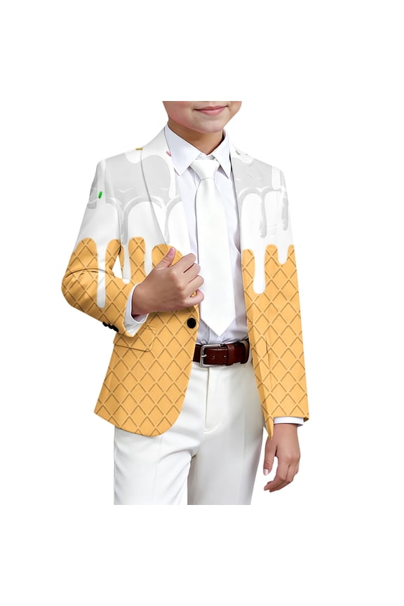 Big Boy's Jacket Ice Print Turndown Collar Button Up Jacket Child Formal Loose Outerwear Casual Party Suits White,Sized 9-10