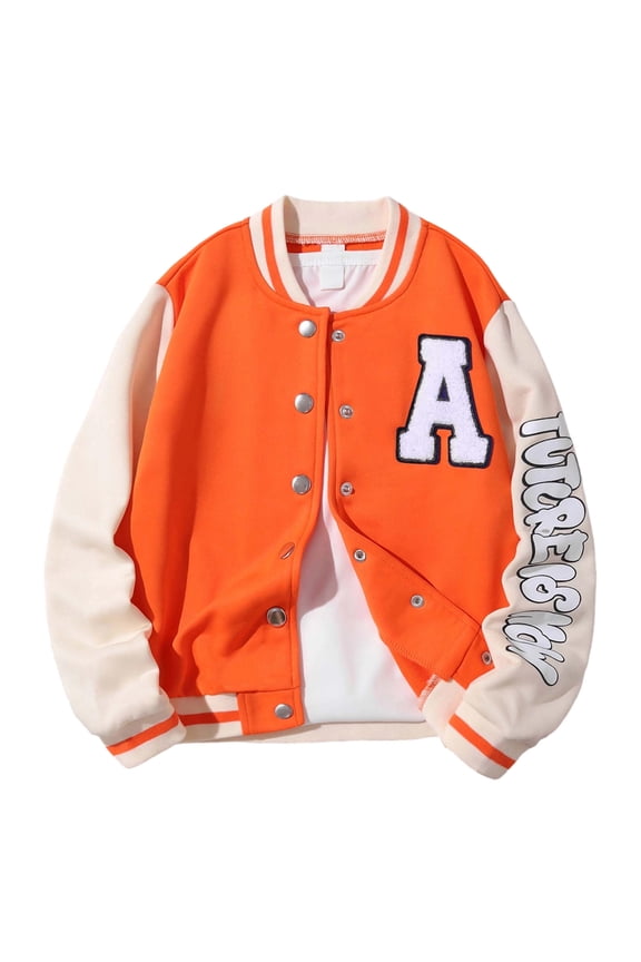 Big Boy's Bomber Jacket Letter Print Stand Collar Button Jacket Kids Streetwear Athletic Loose Autumn Jackets Orange,Sized 8-9