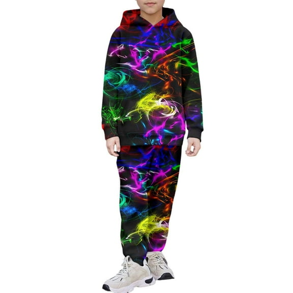WhouRiu Big Boys Outfits Flame Printed Hooded Long Sleeved Top Pants Children Sports Streetwear Outfits Multi-color,Sized 8-9