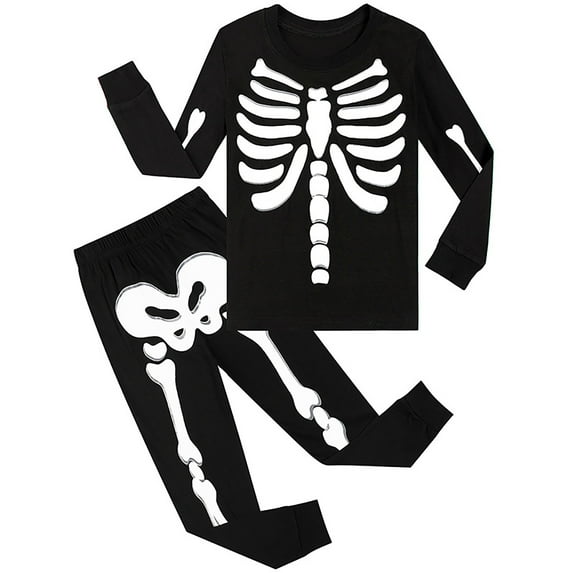 WhouRiu Big Boys' Pajamas Halloween Luminous Skeleton Long Sleeve T-Shirt Pants Child Holiday Lounge Clothes Set Black,Sizes 9-10