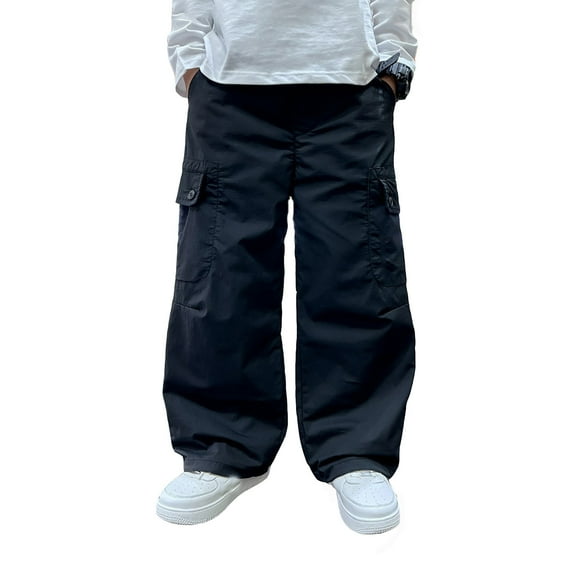 WhouRiu Big Boys Pants Wide Leg Oversized Cargo Pants with Pockets Child Sports Streetwear Outdoor Sweatpants Black,Sized 8-9