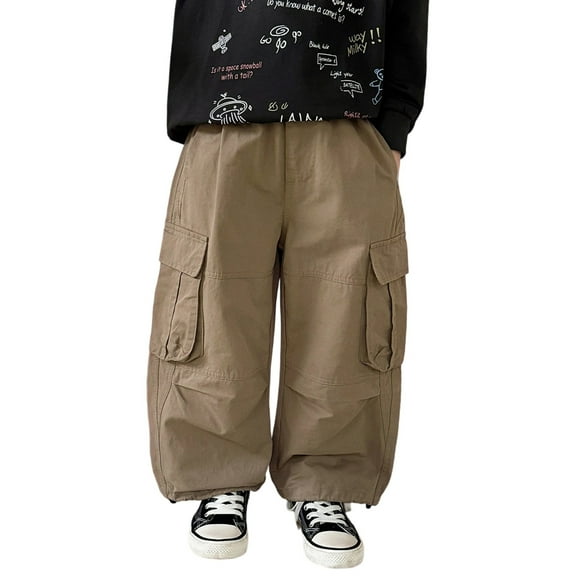 WhouRiu Big Boys' Pants With Pockets Elastic Waist Wide Leg Cargo Sweatpants Kids Stylish Streetwear Fall Trousers Beige,Sized 9-10