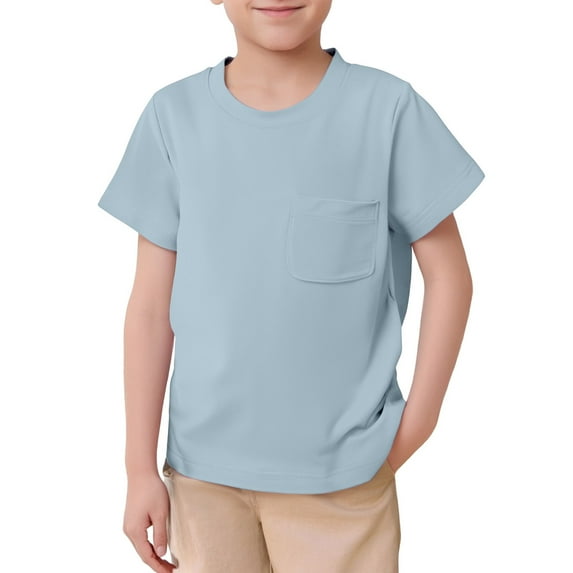 WhouRiu Big Boys Tshirts Short Sleeve Solid Sporys T Shirts Pocket Child Casual Soft Tee Shirt Blue,Sizes 8-9