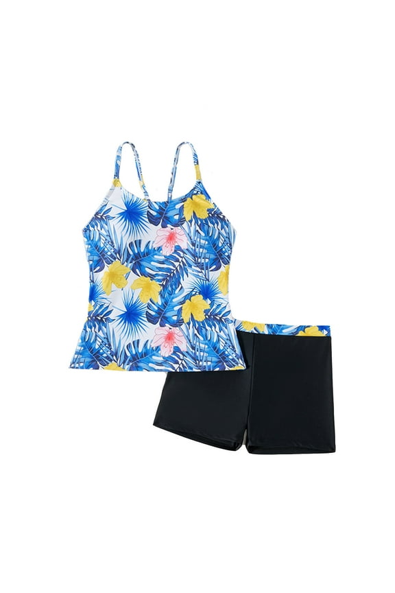 Big Girl Bikini Swimsuits Tropical Strappy Tankini with Padded Shorts Two Piece Sport Bathing Suits for Kids Black,Size 12-13 Y